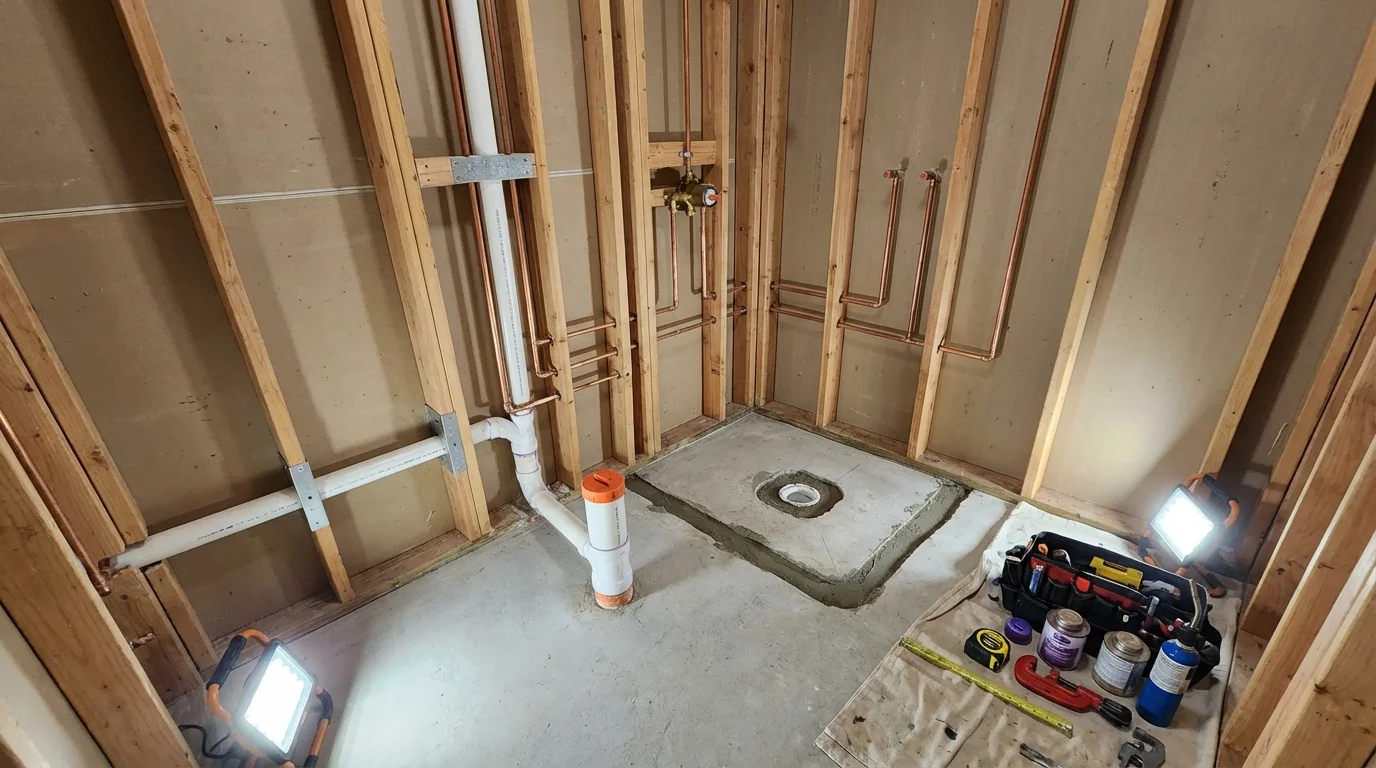 Bathroom rough-in plumbing during remodel by Johns Plumbing LLC in Talladega