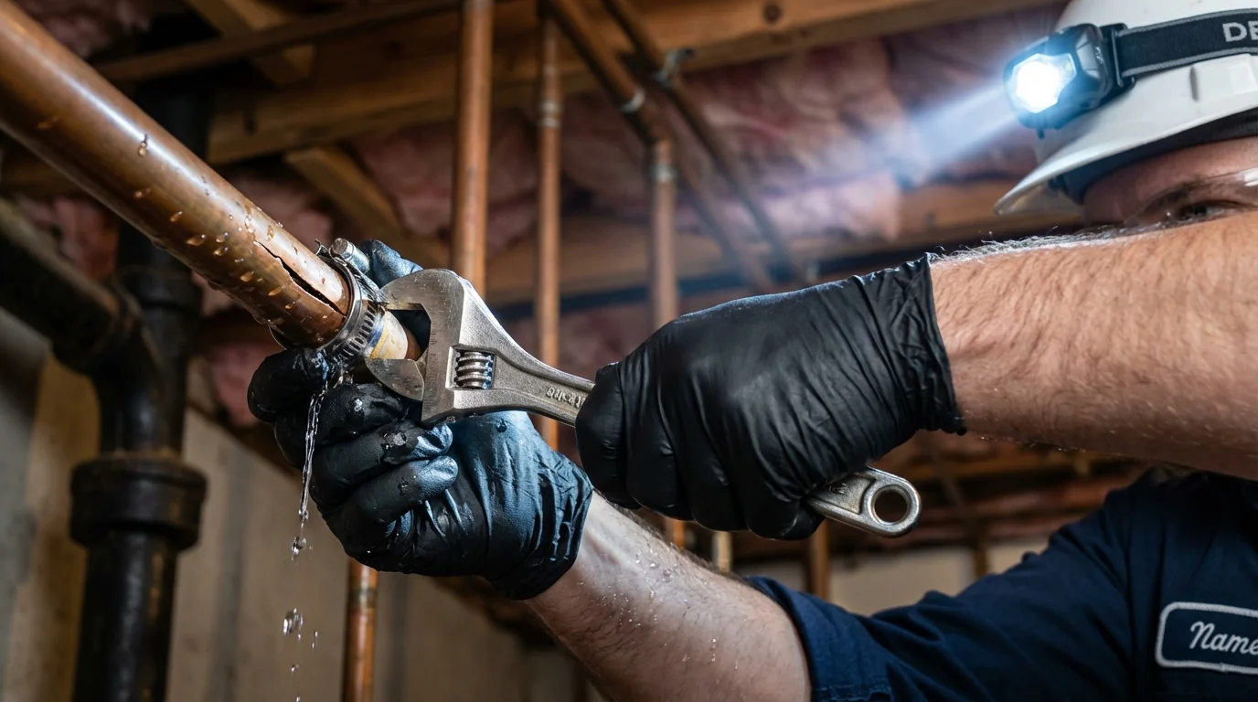 Emergency pipe clamp repair being performed by a Johns Plumbing LLC plumber in Talladega