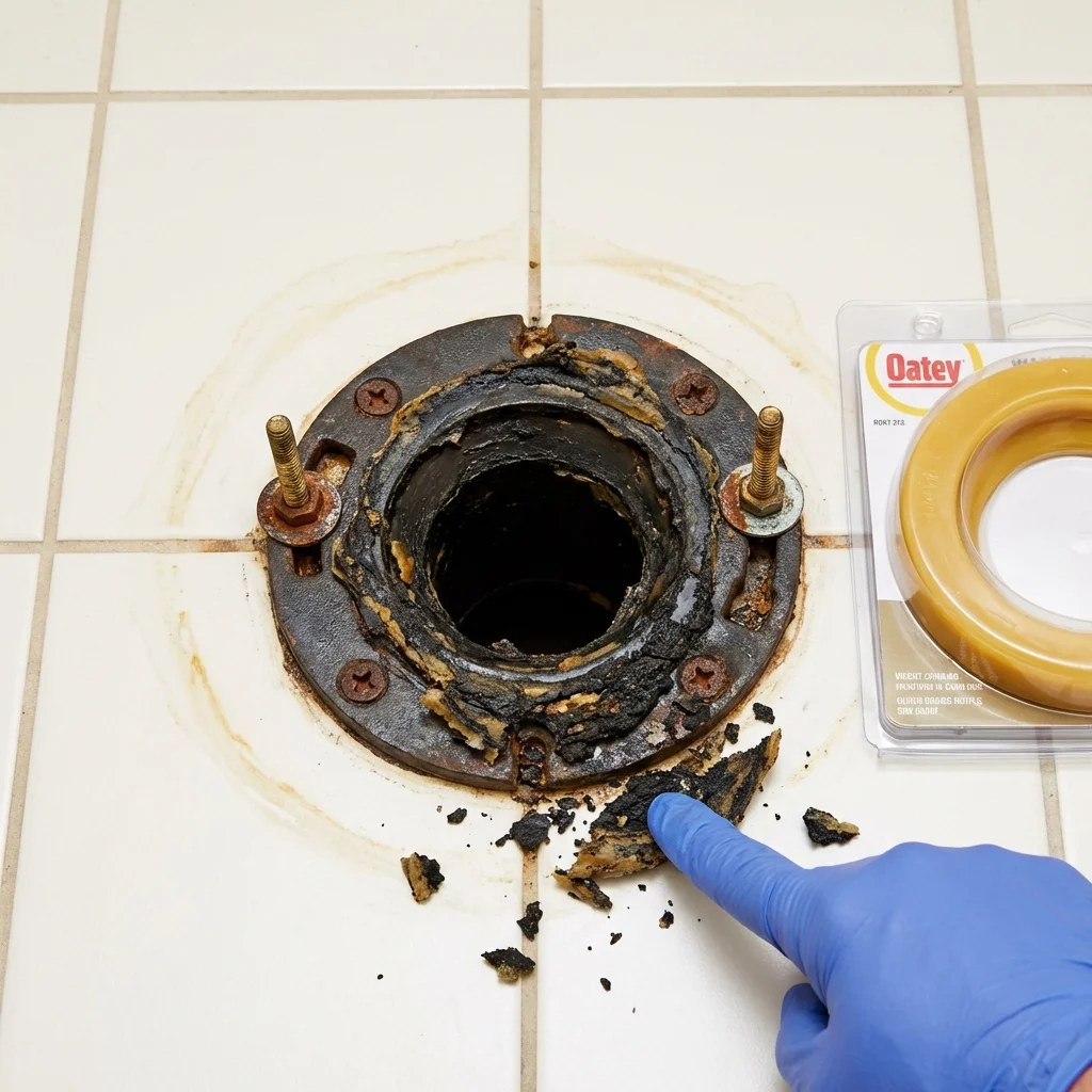 Failed wax ring showing water seepage at the base of a toilet in a Talladega, AL home