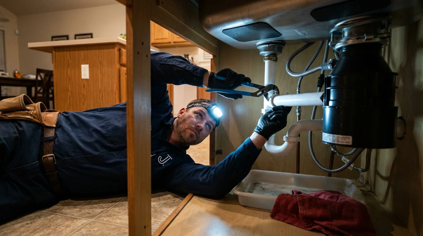 P-trap and supply line connections under a kitchen sink showing a common leak point in Talladega, AL